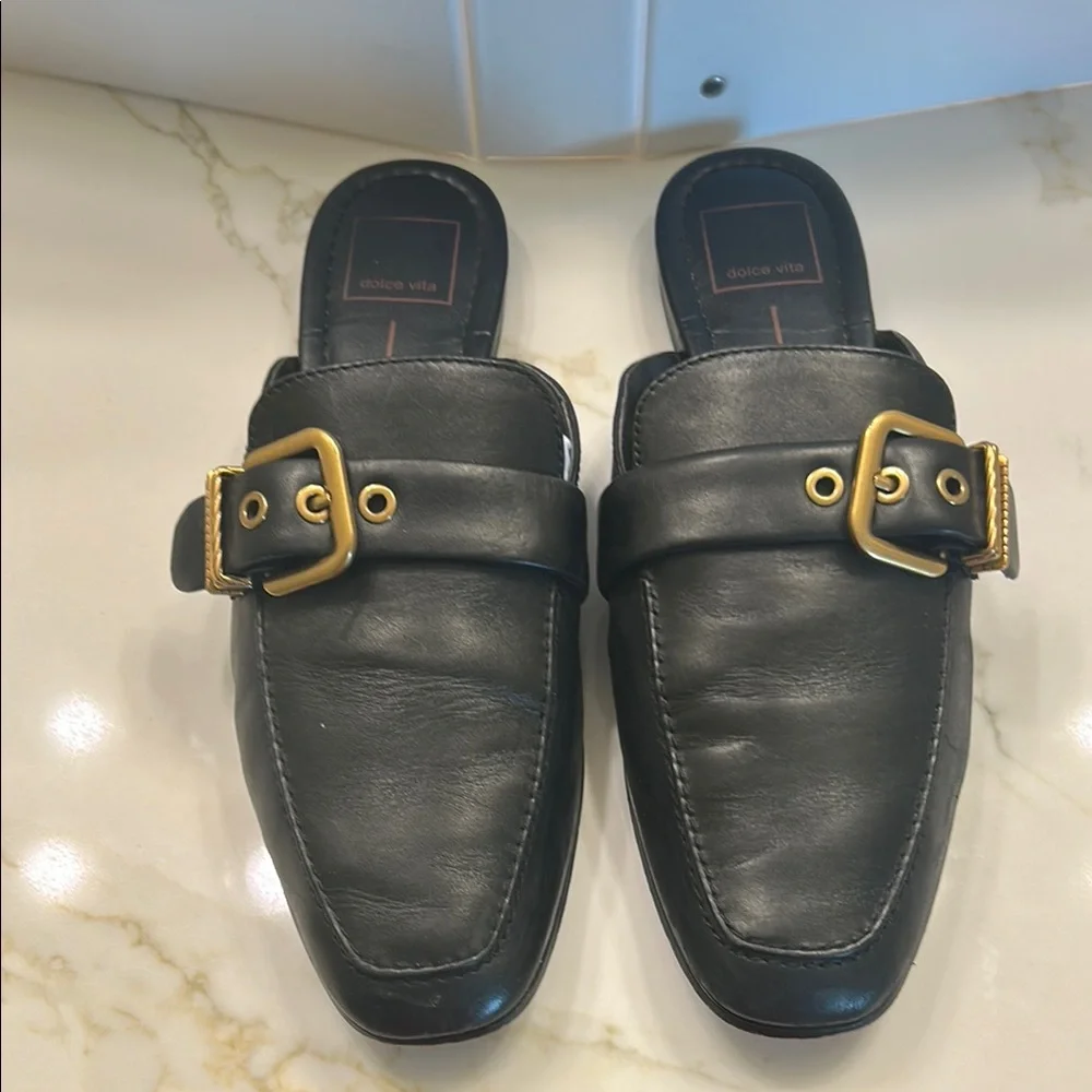 Dolce Vita Black Leather Slip-On Buckle Mules